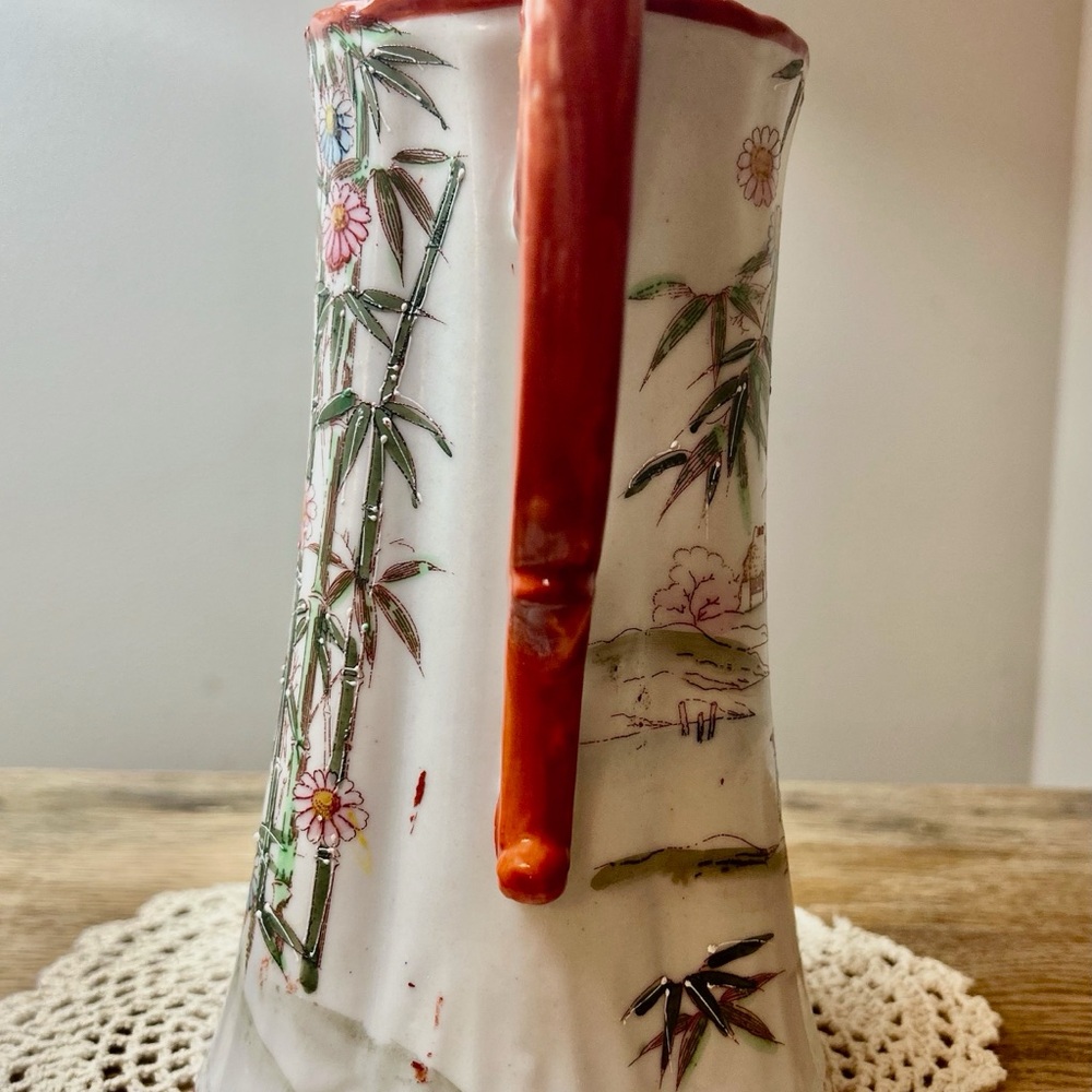 Vintage Floral Ceramic Pitcher with Red Handle - Picture 5 of 8